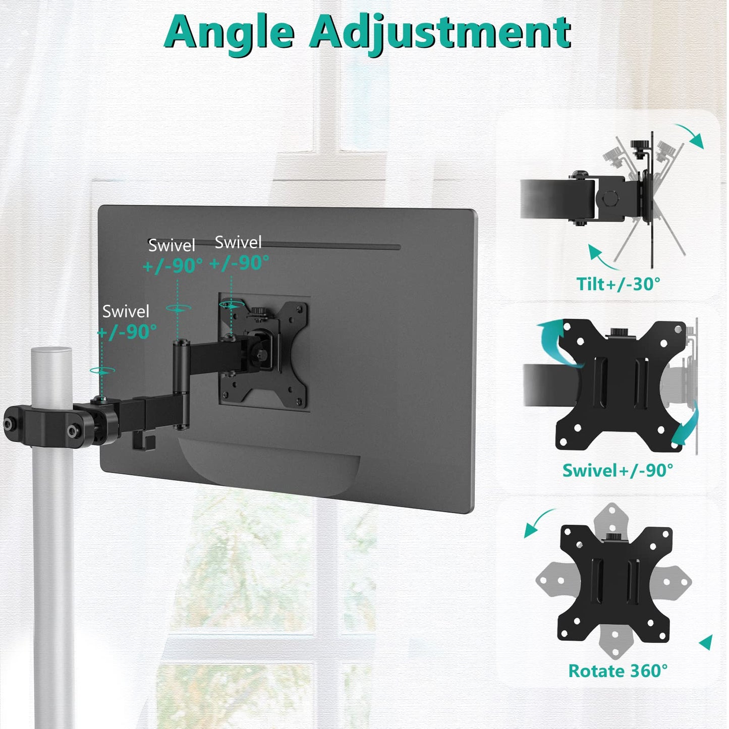 WALI Single Monitor Arm Mount for 17 to 32" Monitors, Full Motion Steel Monitor Pole Mount Bracket with Removable VESA Plate 75mm and 100mm, Vesa