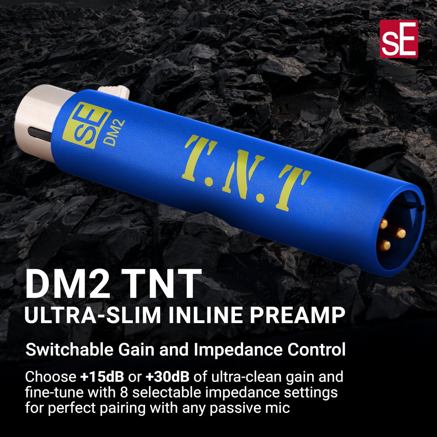 sE Electronics DM2 TNT Ultra-Slim Inline Microphone Preamp for Ribbon & Dynamic Microphones - Mic Preamp with 2 Gain Settings (+15dB or +30dB) & 8