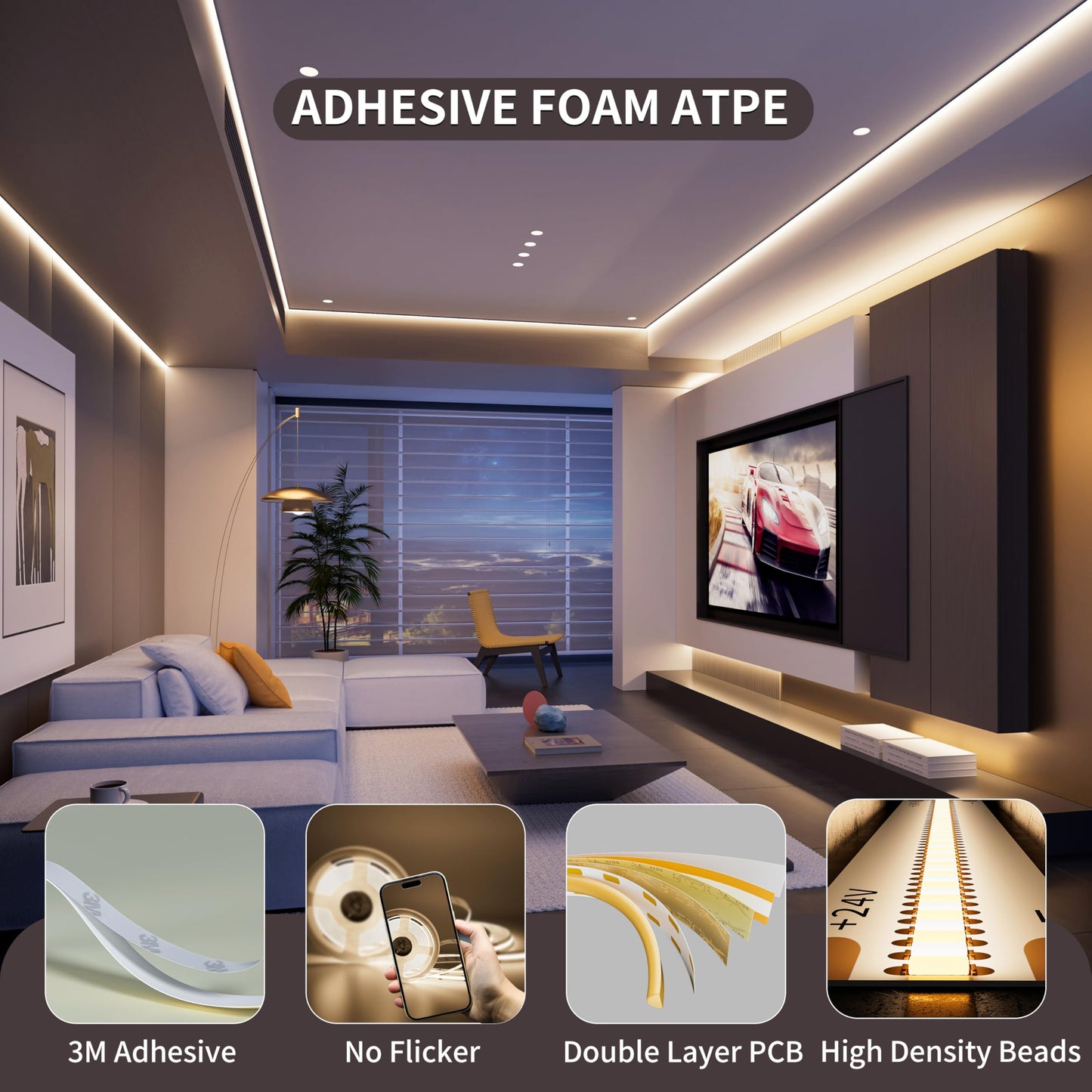 PAUTIX COB LED Strip Light 2520LEDs,Super Bright High Lumen 4000K Natural White 16.4ft,Dimmable 24V LED Tape Light with 3M Tape,RF Remote with Timer