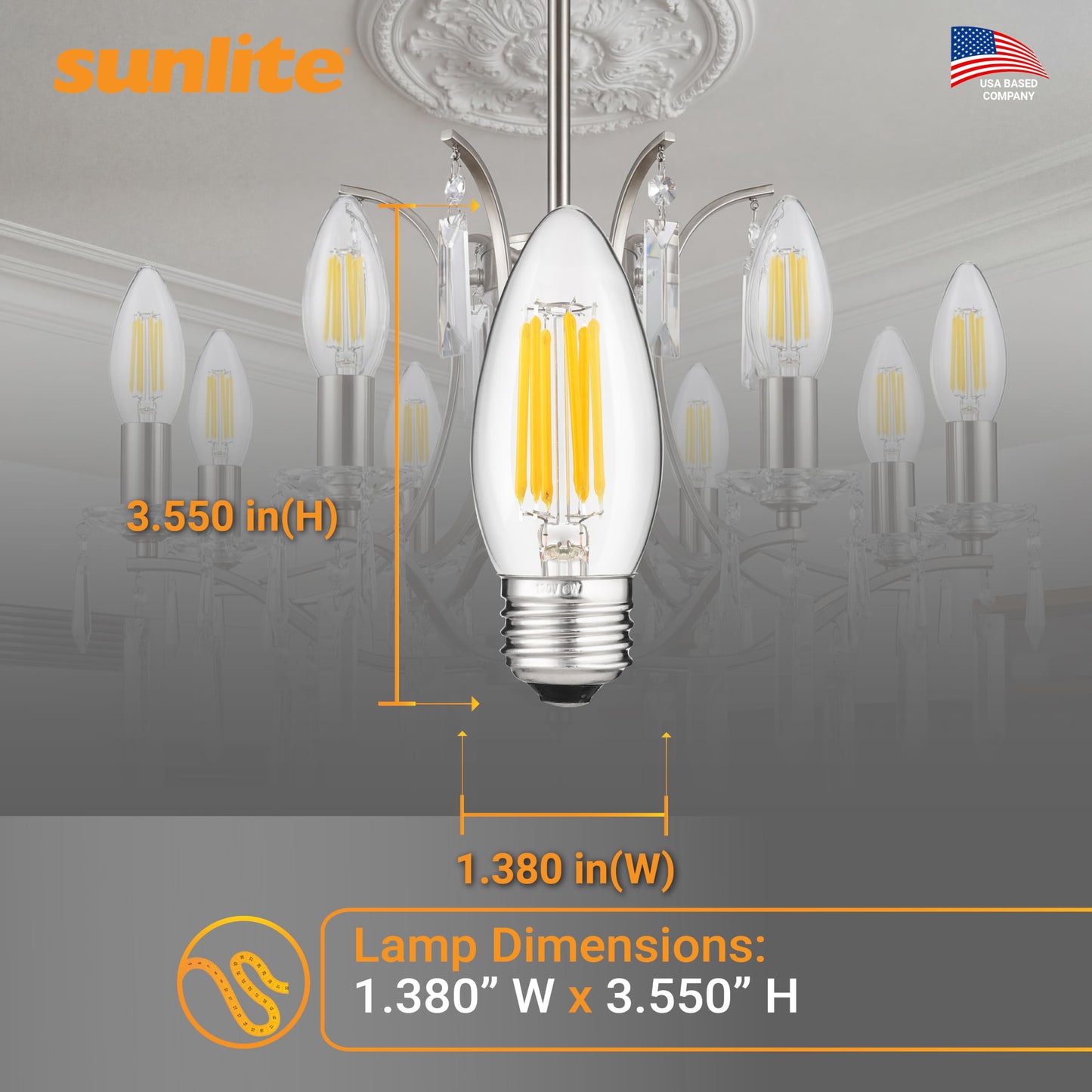 Sunlite 41077 LED Filament B11 Torpedo Chandelier Light Bulb, 5.5 Watts (60W Equivalent), 600 Lumens, Medium E26 Base, Dimmable, Edison Style, 90 CRI