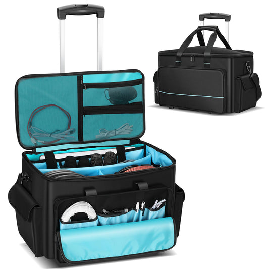 DJ Cable Bag, Rolling DJ Cable Bag with Detachable Trolley & Dividers, Large Capacity Gig Bag with Laptop Compartment, Professional Organizer Bag for