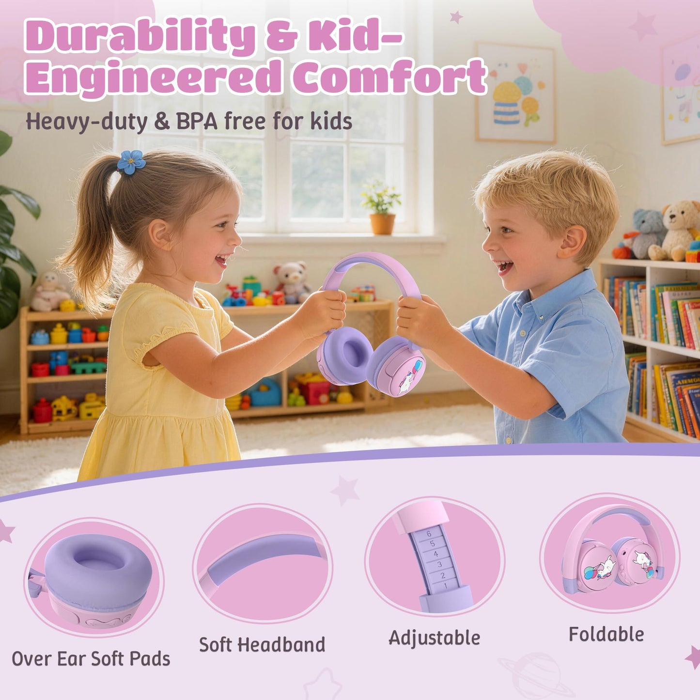 Sparks Plus Kids Headphones Bluetooth for Girls, Toddler Headphones Wireless for School, 85/95dB Volume Limited, 50H Playtime, Bluetooth 6.0, Built in