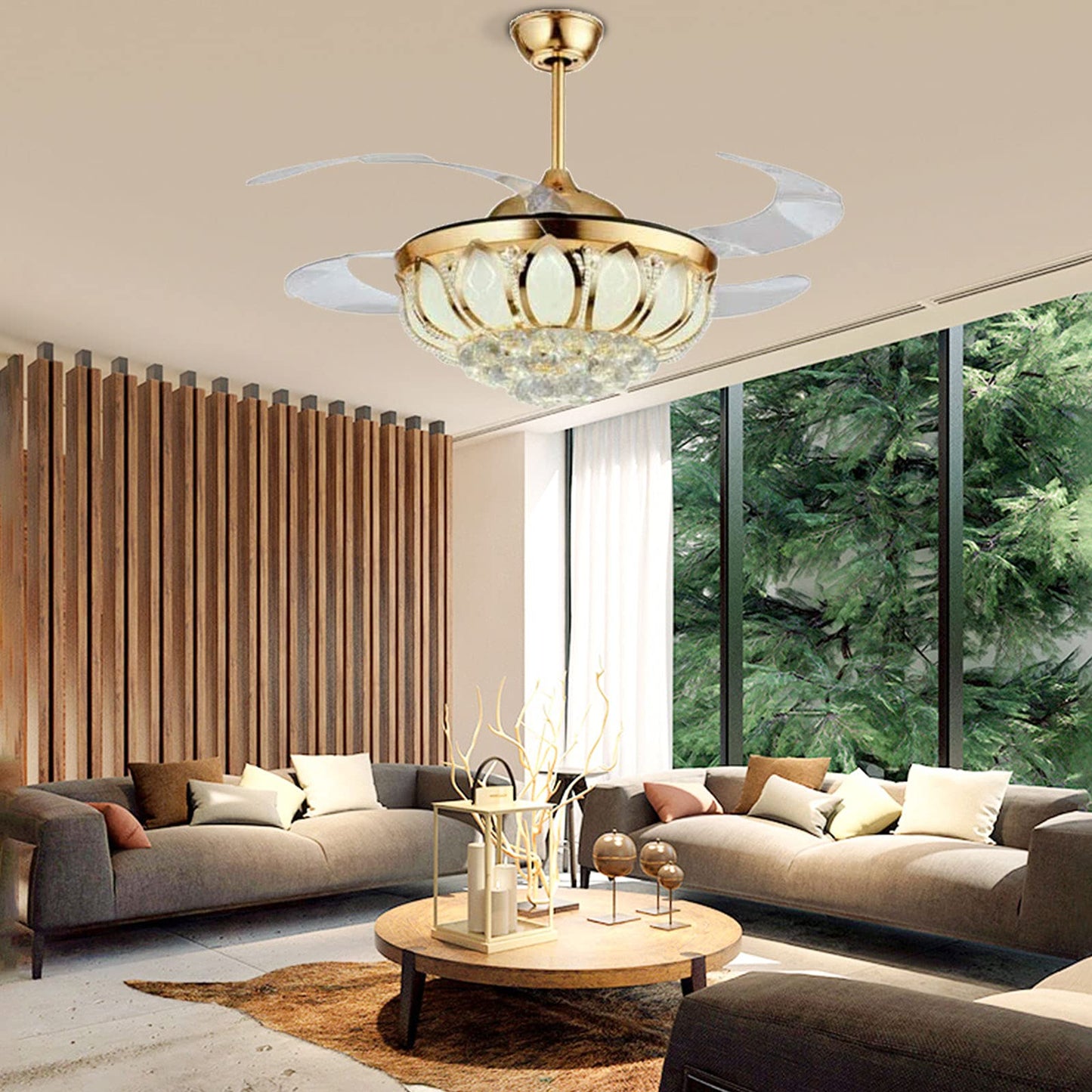 N/B 42 Inch Modern Gold Crystal Chandelier Fan with Retractable Blades Ceiling Fan with Light LED and Remote Control Indoor Fan Suitable for Dining