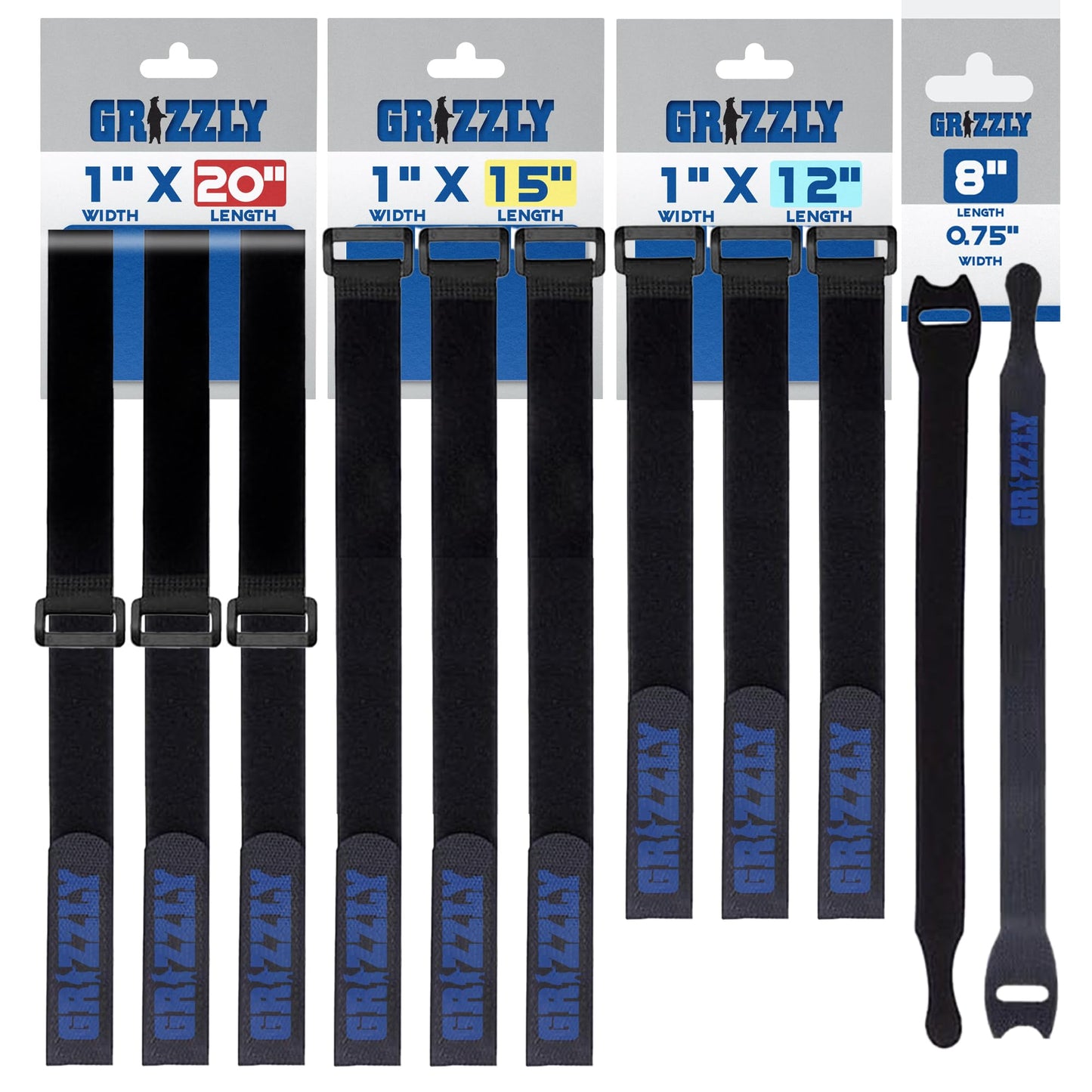Officewerks Reusable Fastening Cable Straps and Ties, Variety Sizes (8"-12"-15"-20") Assorted 12 Pack, Black Nylon, Adjustable Multi-Purpose Hook