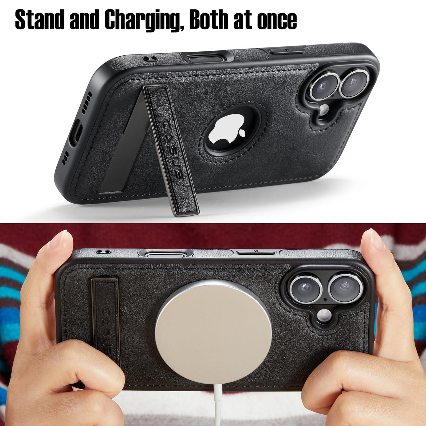 Casus Designed for iPhone 15 pro max Case Compatible with Kickstand Vegan Leather Slim Classic Luxury Elegant Thin Protective Cover with Tempered