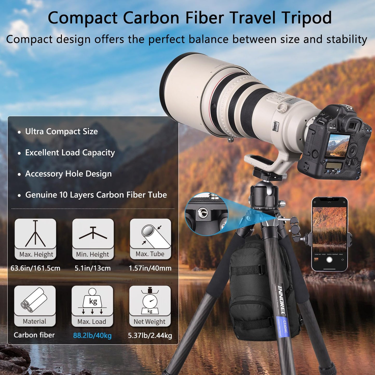 Compact Carbon Fiber Tripod - Heavy Duty 40mm Leg Tubes, Max Height 63.6in/162cm, Stable and Lightweight Travel Stand for DSLR, Video Cameras, Max