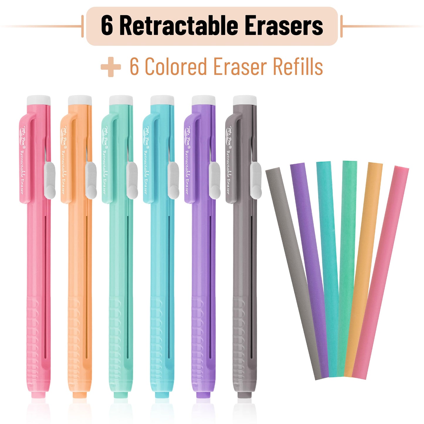 Mr. Pen- Retractable Mechanical Eraser Pens, 6 Pack, Vibrant Colors | Latex-Free Precision Pencil Erasers for Artists, Students, Drawing, Sketching