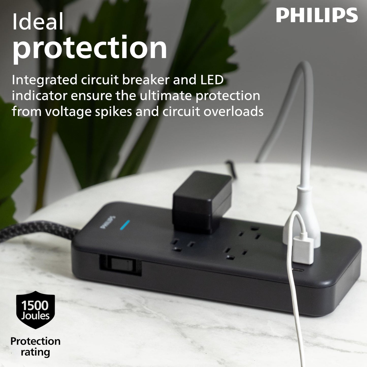 Philips 5-Outlet Surge Protector with USB, 1 USB-A, 1 USB-C, 15W Shared, 1500J, Adapter-Spaced, 6ft Braided Cord, Outlet Extender, Extension Cord,