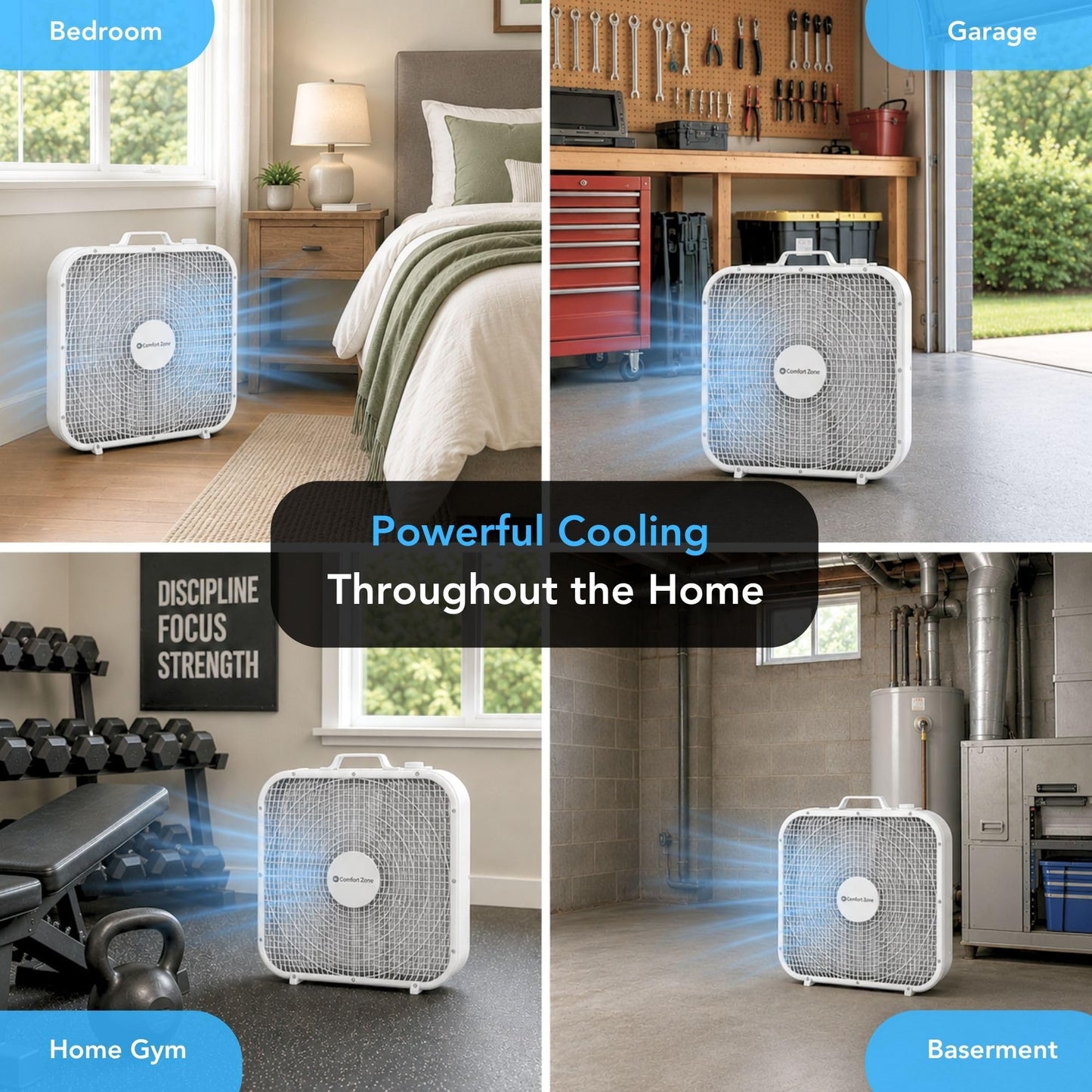 Comfort Zone Box Fan with Carry Handle, 20 inch, 3 Speed Full-Force Air Circulation Window Fan, Bedroom Floor Fan with 5 Blades, White Noise Cooling