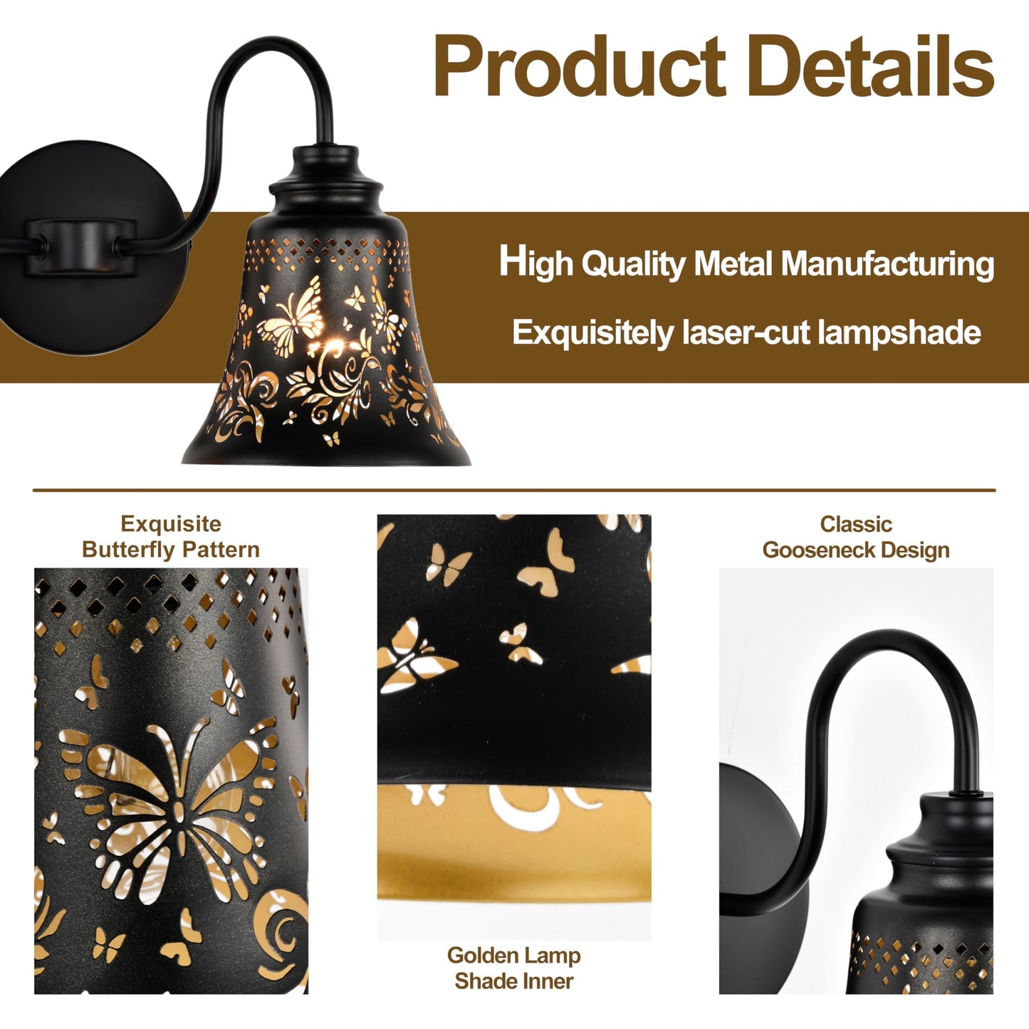 SendaLife 2 Light Bathroom Vanity Light,Rustic Butterfly Metal Black and Gold Wall Sconce,Industrial Bathroom Lighting Fixtures Over Mirror,Gooseneck