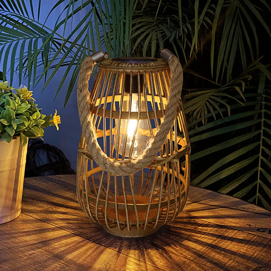 Natural Rattan Solar Lantern with Handle - Large Waterproof LED Decorative Garden Lights, Bright Rattan Solar Table Lamp for Yard, Patio, Wedding
