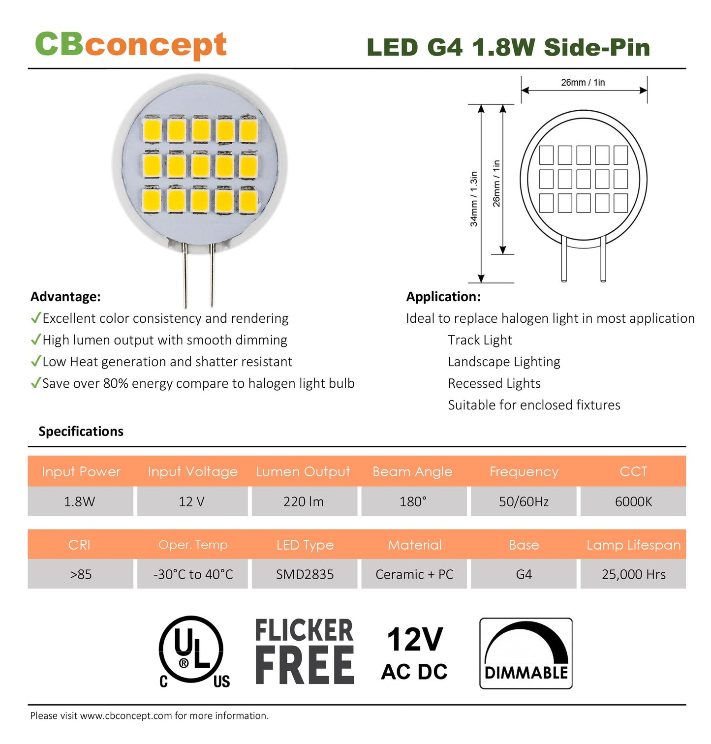 CBconcept UL Listed, SidePin G4 LED Light Bulb, 10 Pack, 1.8 Watt, Dimmable,220 Lumen, Pure White 6000K, 180 Degree Beam Angle, 12 Volt,20W