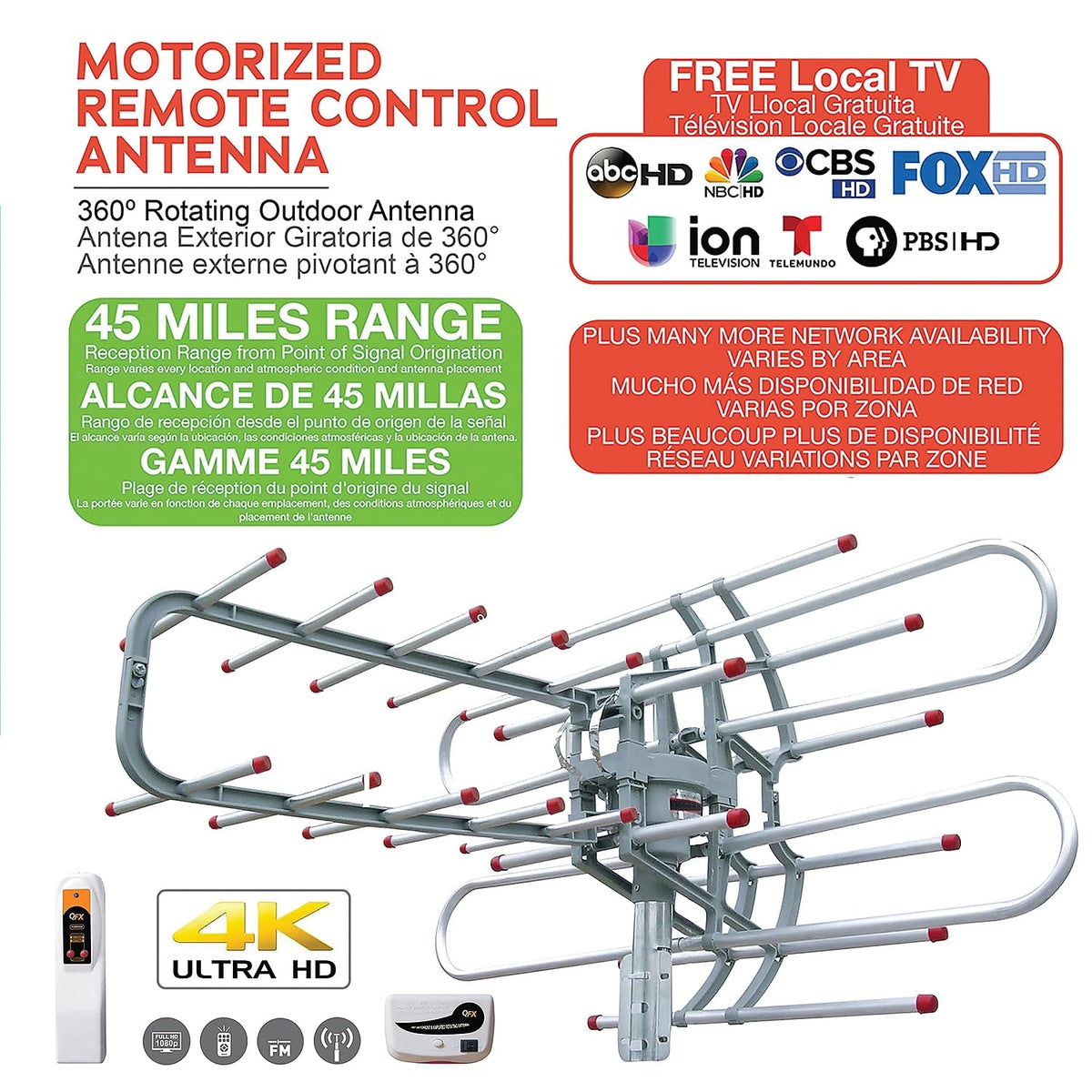 QFX ANT 106 HD/DTV/UHF/VHF/FM 360° Rotating Outdoor Antenna, Silver, one Size