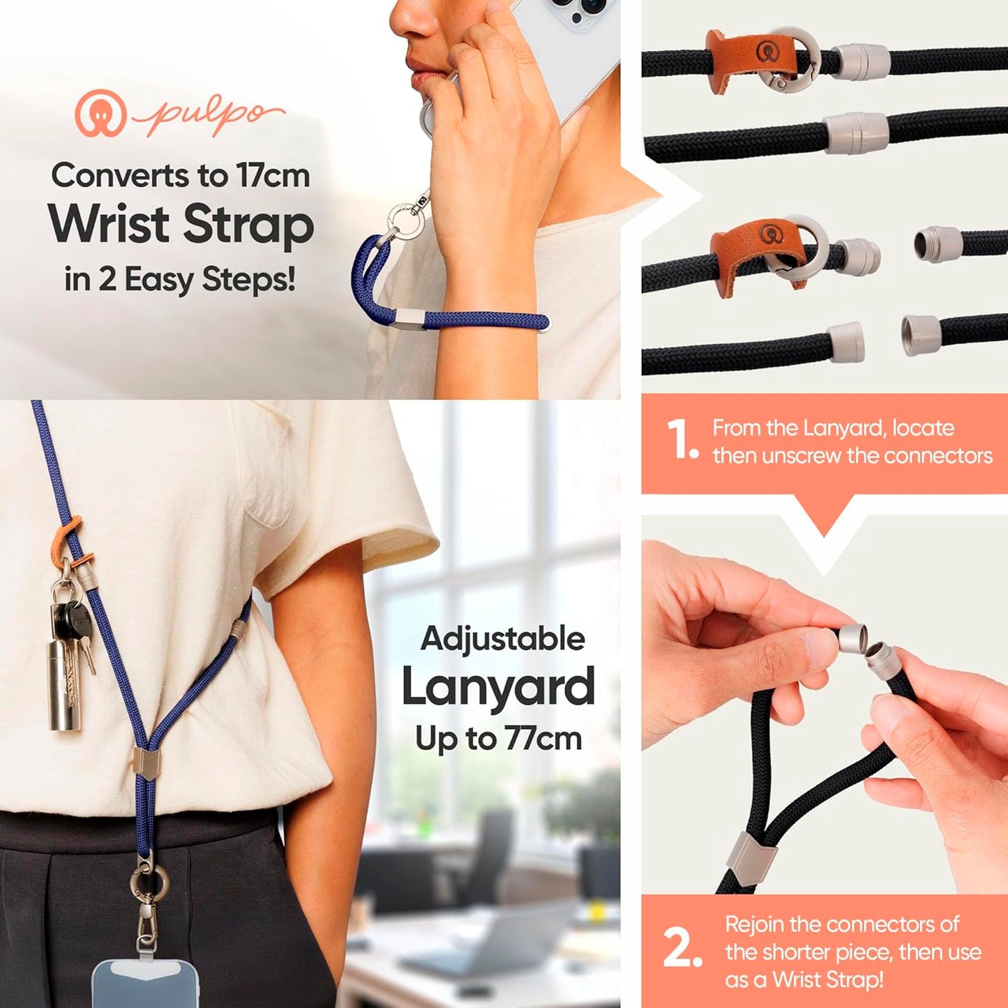 Pulpo 2 in 1 Crossbody Anti Theft Phone Lanyard and Wrist Strap for iPhone and Android, Adjustable Cell Phone Leash and Universal Tether, Hands Free
