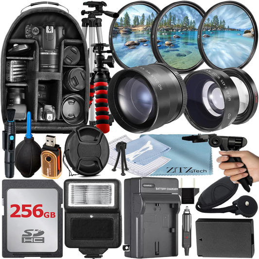 49mm Accessory Bundle for Canon EOS: R100, R50, R10, M5, M6 Mark II, M6 + LP-E17 Battery + 256GB Memory Card + Wide Angle + Telephoto Lens + Battery