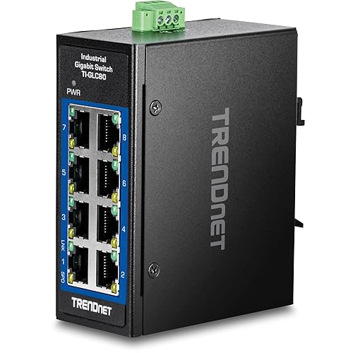 TRENDnet 8-Port Industrial Gigabit DIN-Rail Mini Switch, TI-GLC80, 8 x Gigabit Ports, Extreme Temperature IP30 Rated, 16Gbps Switch Capacity, Black