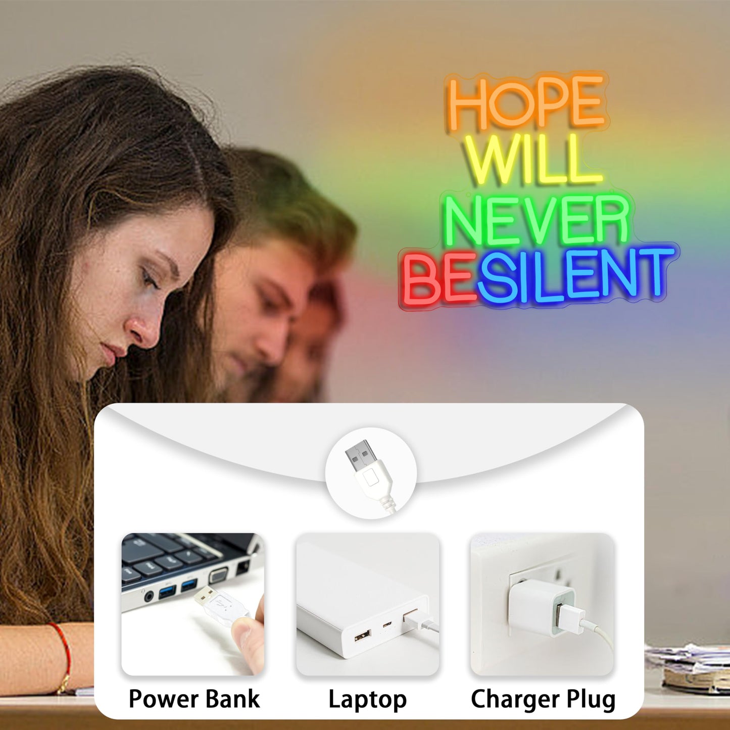 AEHEMNGZ Hope Will Never Be Silent Neon Sign Usb Powered Colorful Rainbow Neon Light Dimmable Motivational Letter Light Up Sign for Bedroom Office Gym