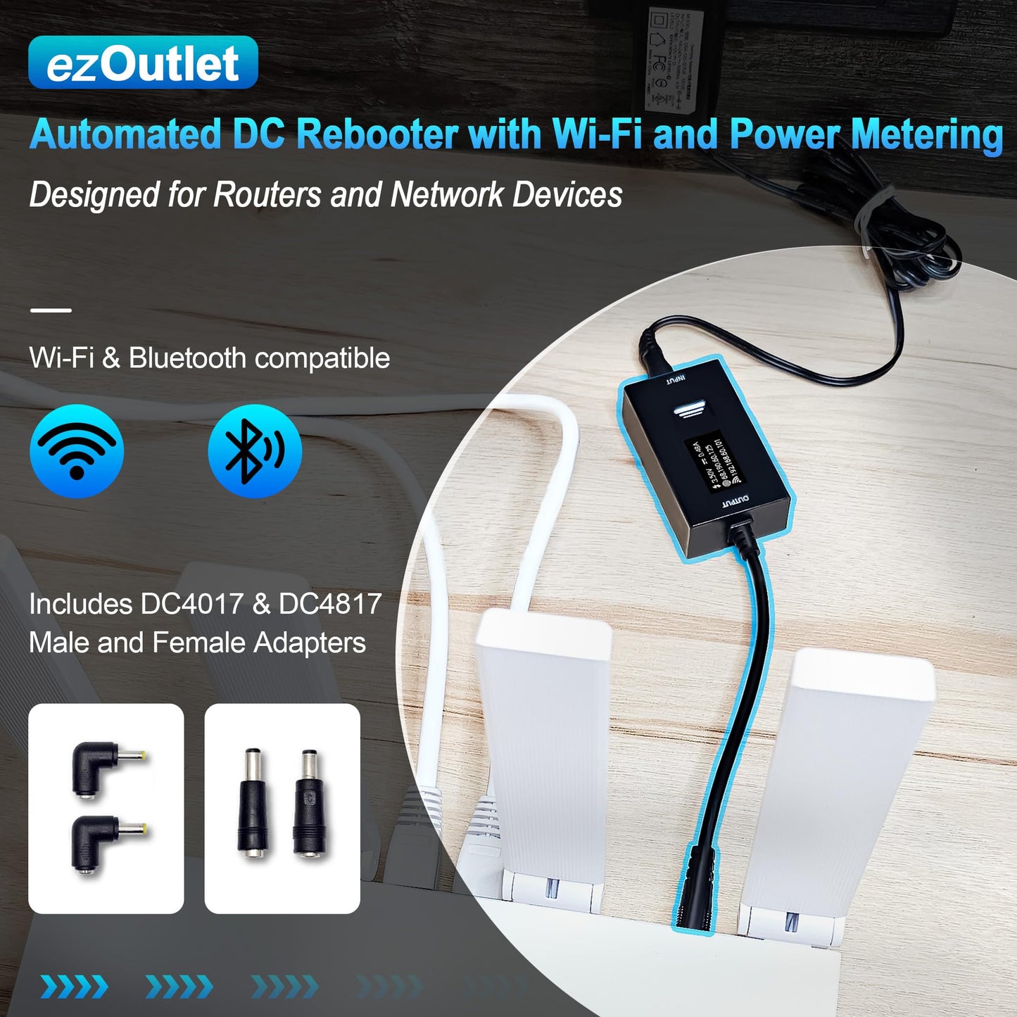 ezOutlet Automatic Router Rebooter Wi-Fi IP Enabled Remote DC Power Switch (DC5521 Plug), Integrated Power Metering, Manage via Free APP & Cloud