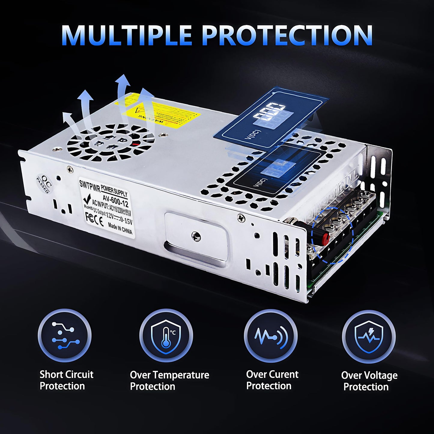 SWTPWR Variable Power Supply DC 0-12V 600W with LED Display 12V Power Supply Adjustable AC to DC Converter 110V to 12V Designed for LED Light Car…