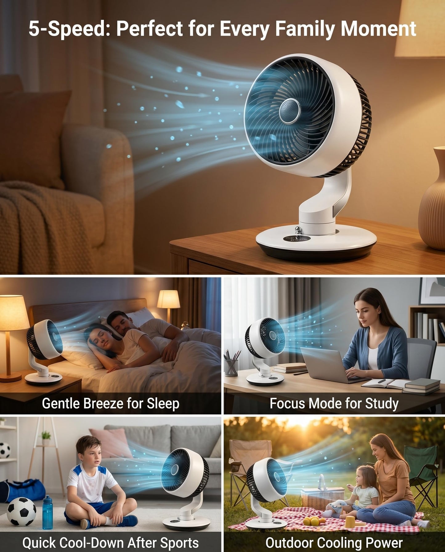 Desk Fan for Bedroom Air Circulator, Battery Powered Tabletop Fan, White