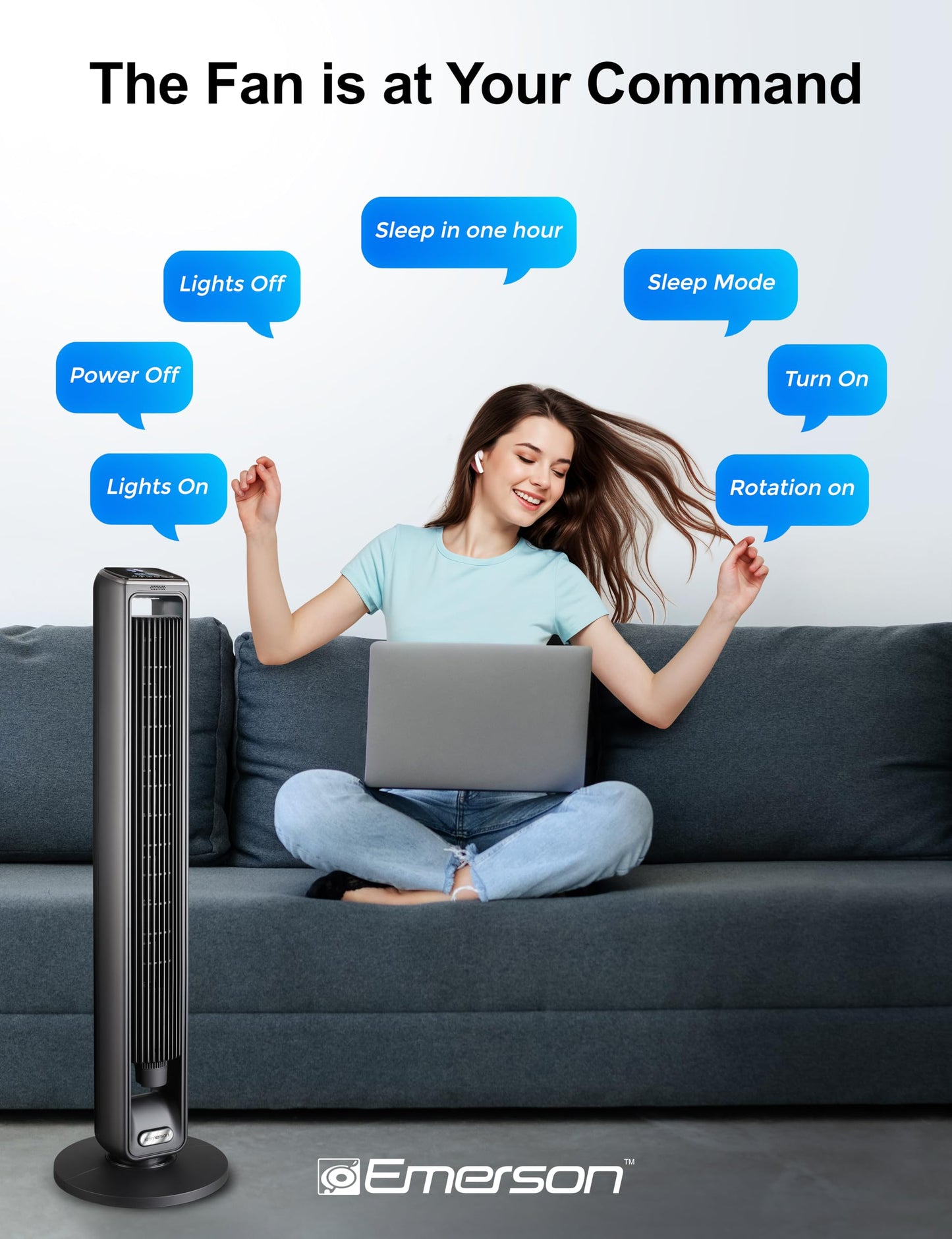 Emerson SmartVoice 42” Tower Fan, Wi-Fi-free Voice Control, No APP, No WIFI, No Setup, 70° Oscillating, 3 Wind Speeds, 15-Hr Timer, Oil Diffuser