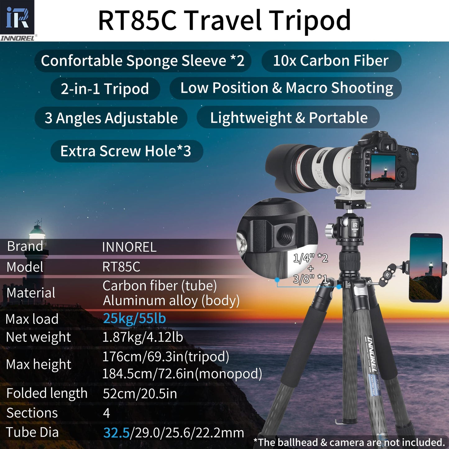 Carbon Fiber Tripod-INNOREL RT85C Without Ballhead Super Professional Tripod Monopod Heavy Duty Stand Support for Digital DSLR Camera Black