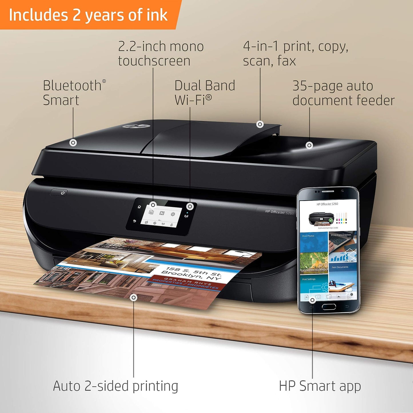 HP OfficeJet 5260 Wireless All-in-One Printer - Includes 2 Years of Ink Delivered to Your Door, Works with Alexa (Z4B13A)