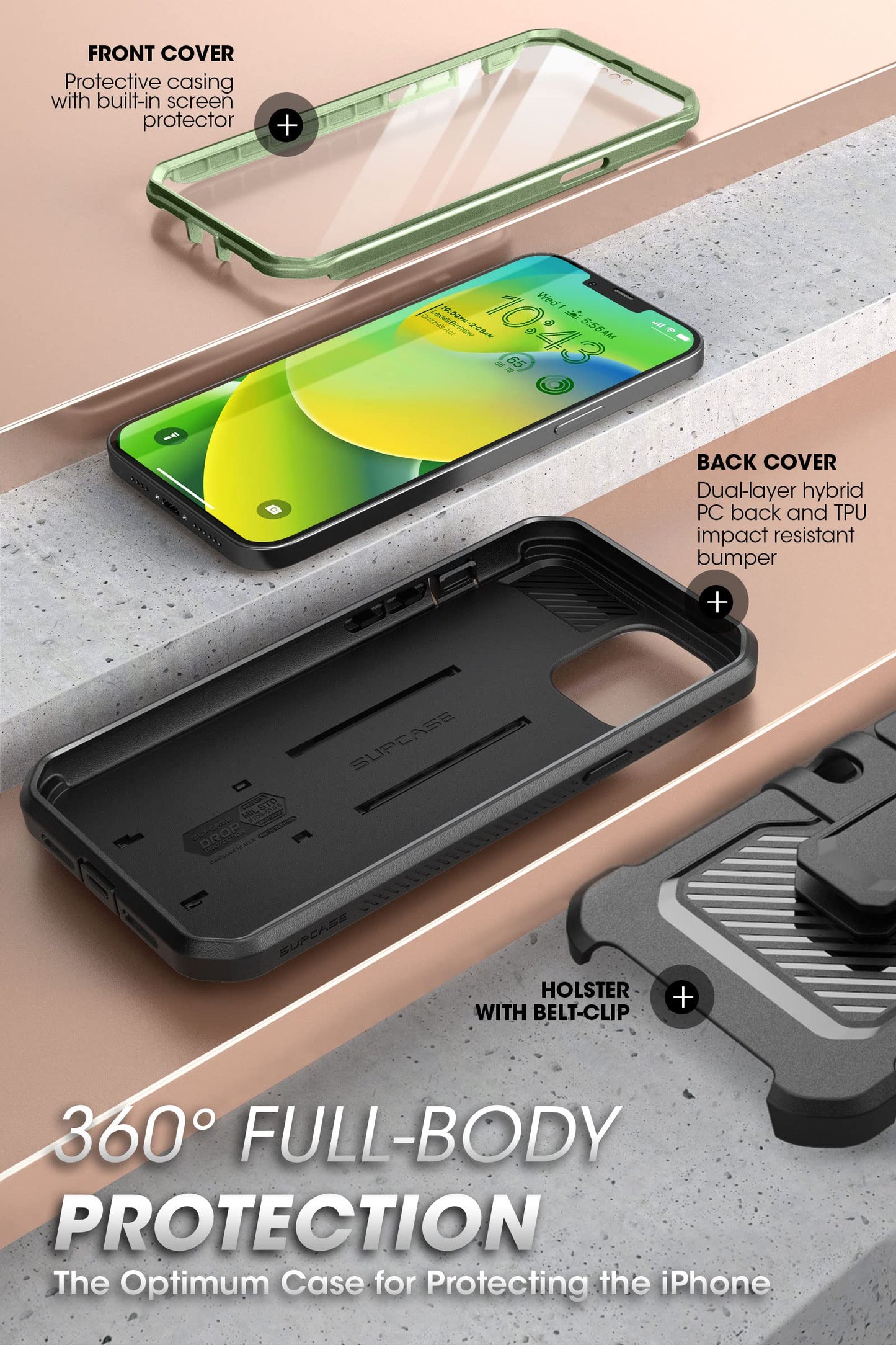 SUPCASE for iPhone 14 Case with Stand & Belt-Clip (Unicorn Beetle Pro), [Built-in Screen Protector] [Military-Grade Drop Protection] Heavy Duty Rugged