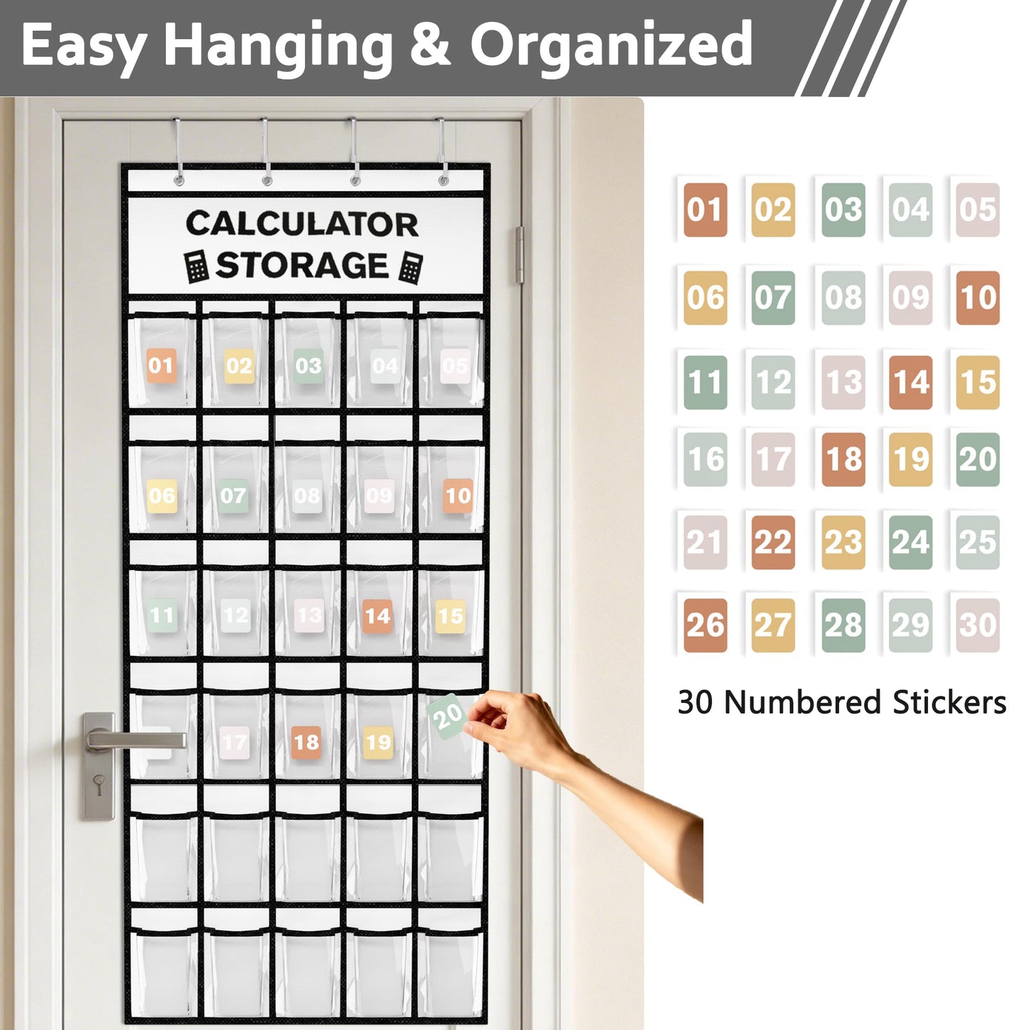 30-Pocket Calculator Holder for Classroom, Hanging Calculator Pocket Chart with Clear PVC Pockets & Numbered Stickers, Calculator Storage Organizer