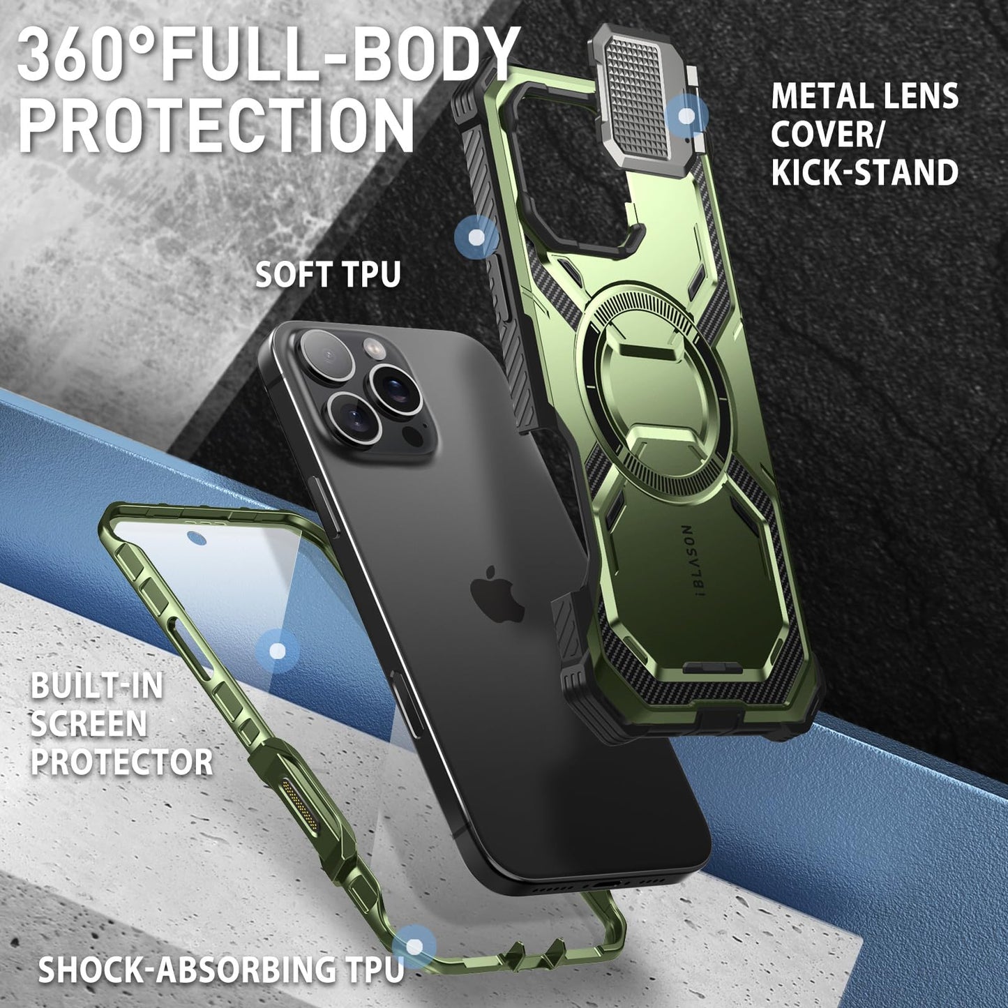 i-Blason Armorbox for iPhone 16 Pro Case MagSafe with Stand, 360° Full-Body with Built-in Screen Protector, Camera Control, Camera Cover Kickstand