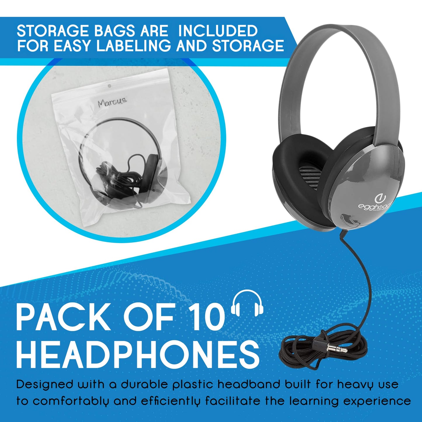 Heavy-Duty Kids' Headphone w/ Tangle-Free Fabric Cord, Gray, 10 pack