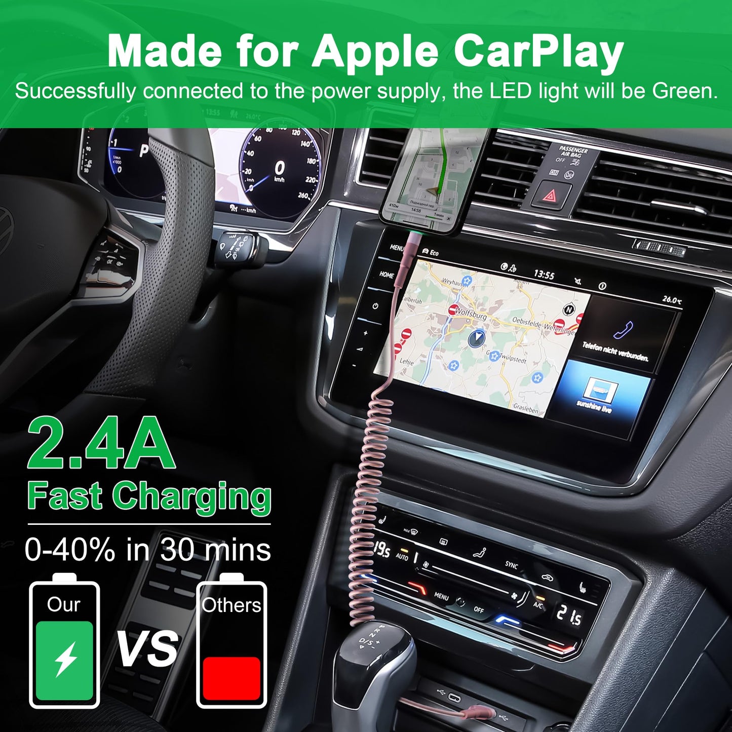 Coiled USB to Lightning Cable [MFi Certified], Apple Carplay Charger Cable for Car Data Sync, Coiled iPhone Car Charger iPhone Cable Pink, 2 Pack