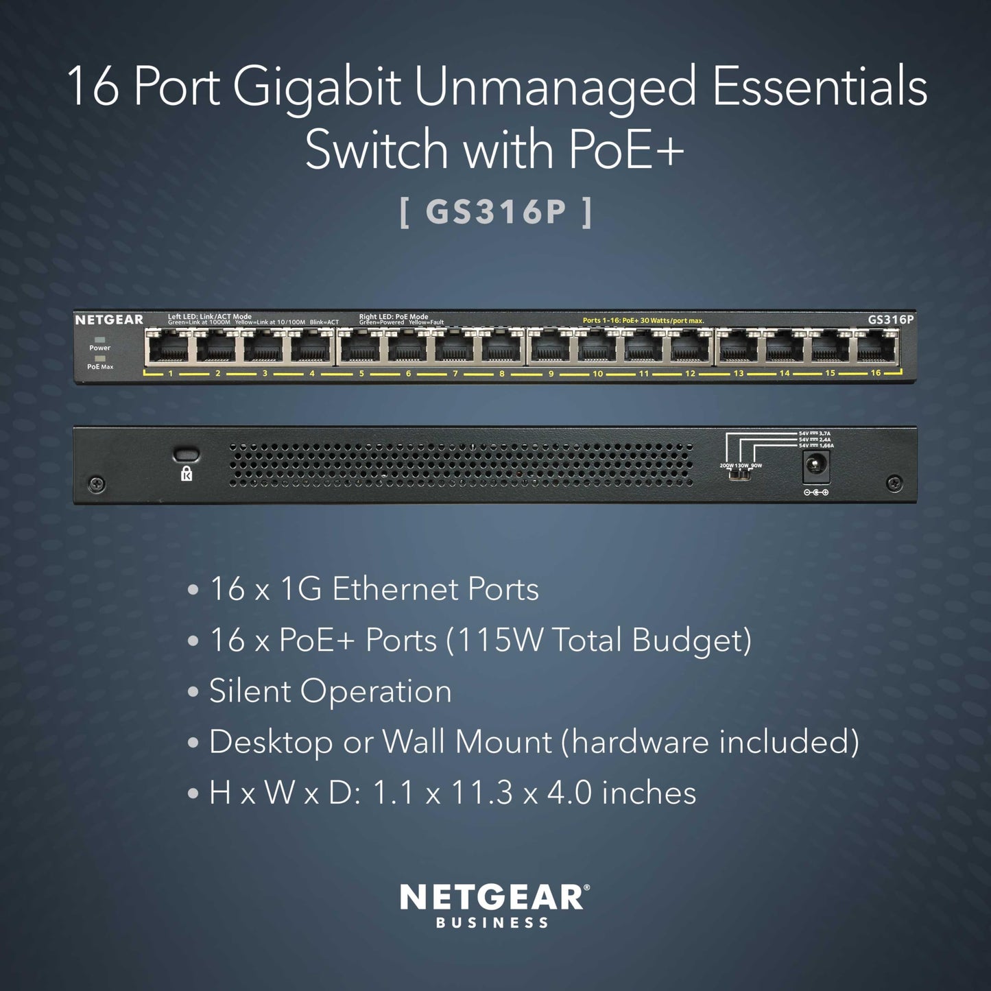 NETGEAR 16-Port PoE+ Gigabit Ethernet Unmanaged Essentials Switch (GS316P) - with 16 x PoE+ @ 115W, Desktop or Wall Mount