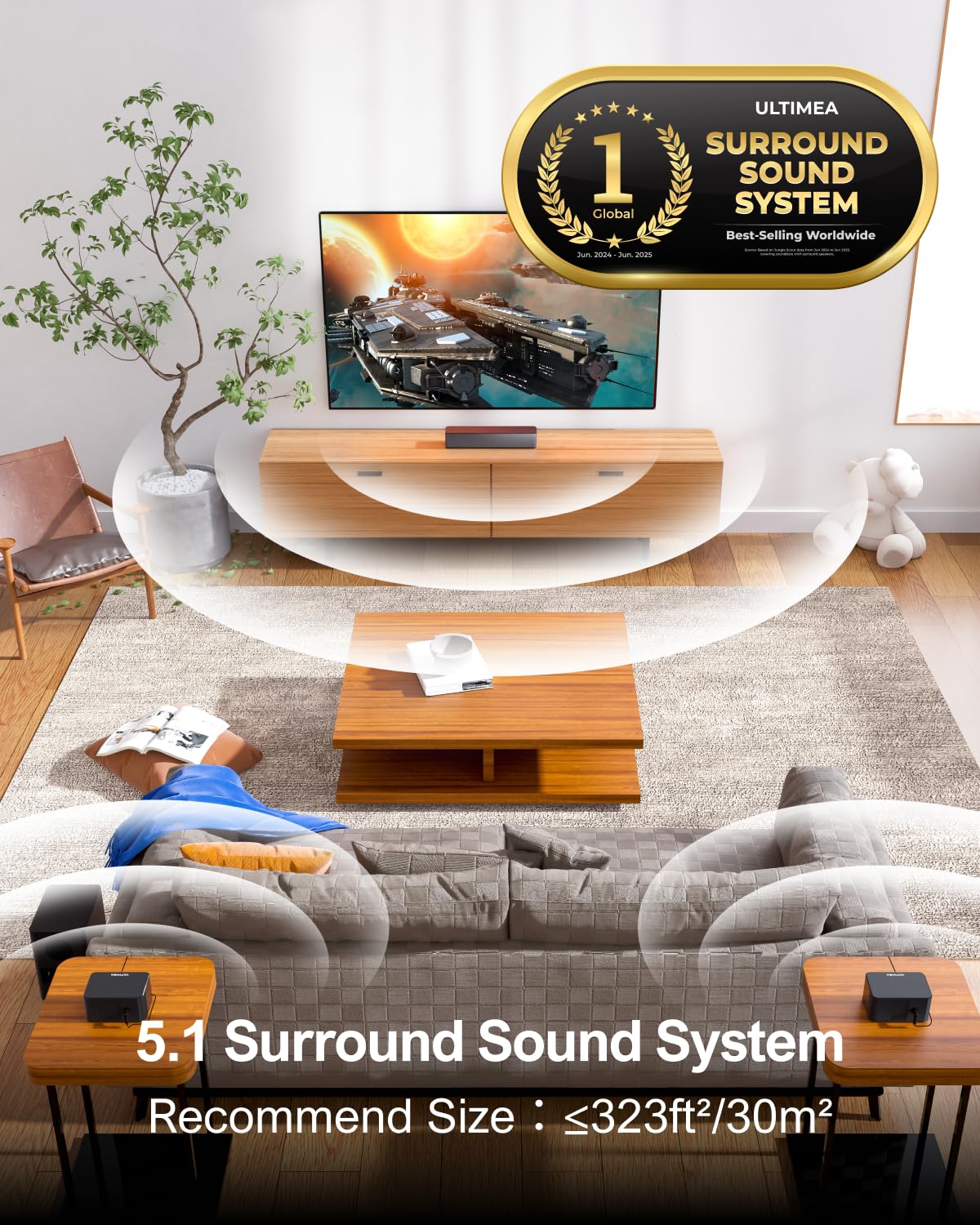 ULTIMEA 5.1 Sound Bar for Smart TV, Virtual Surround Sound System for TV, 320W Peak Power, Adjustable Surround Speakers and Subwoofer, APP Control