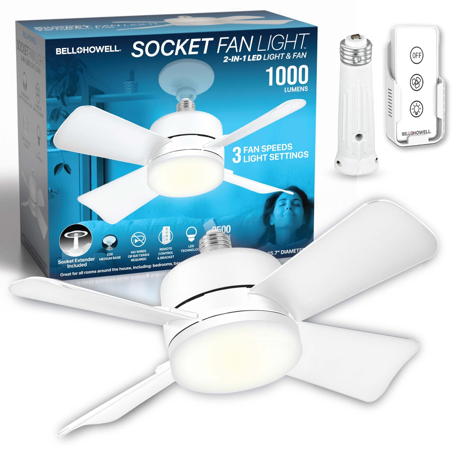 SOCKET BREEZE 15.4" Socket Fan Light Celing Fan with Remote Control
