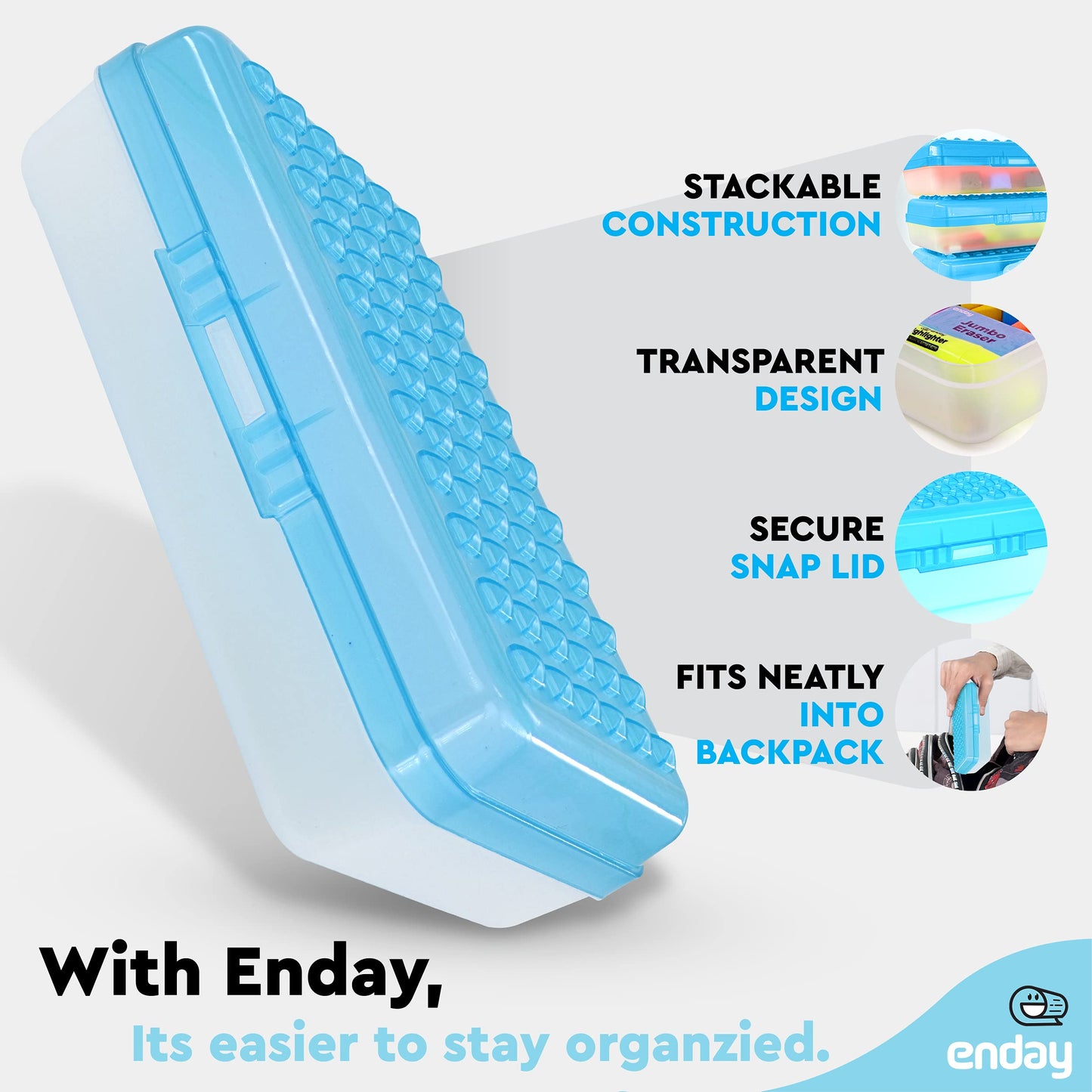 Enday Pencil Box Blue, Plastic Small Dots Pencil Case, School Storage Utility Supplies Box Organizer with Snap Closure for Kids and Adults Also