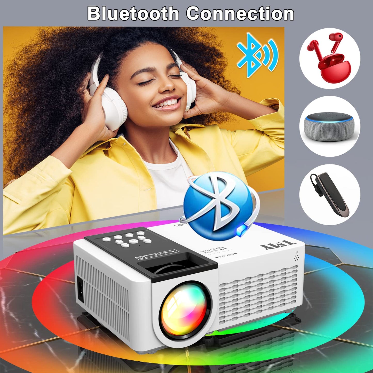 TMY WiFi Projector with Bluetooth 5.1, 1080P Supported Mini Movie Projector, Compatible with TV Stick, Phone, Computer, HDMI, USB, TF