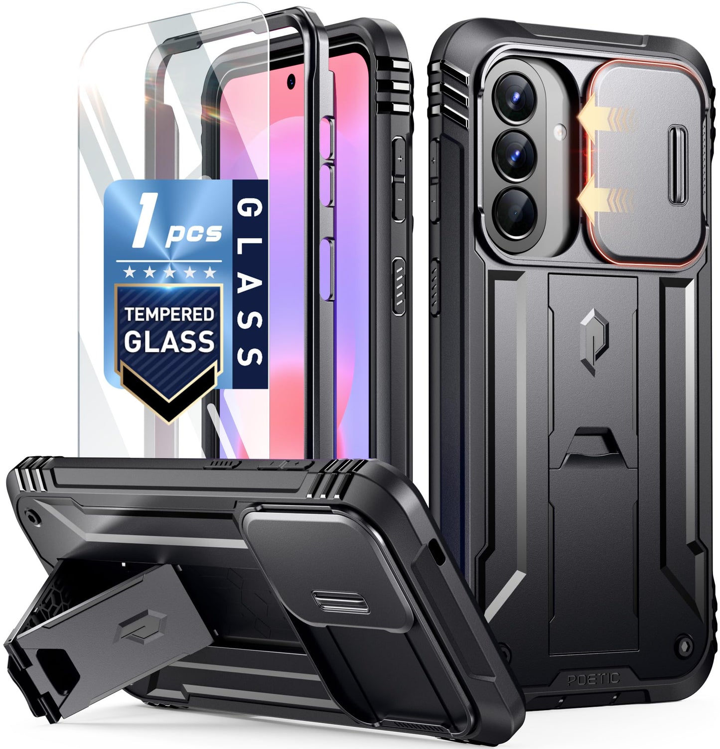 Poetic Revolution Case for Samsung Galaxy A37, | Slide Camera Cover | Tempered Glass Screen Protector | 20FT Mil-Grade Drop Tested | Full-Body Rugged