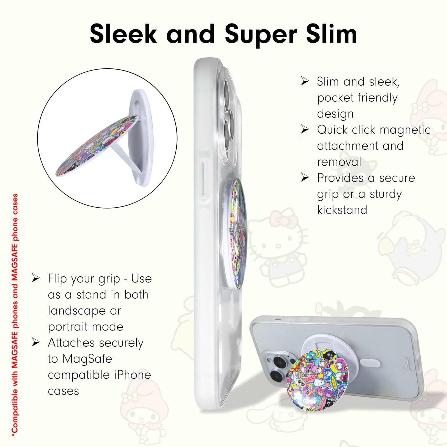 Sonix x Sanrio MagLink Snap Grip | Magnetic Phone Grip Holder and Collapsible Kickstand | Compatible with MagSafe | Hello Kitty and Friends Stickers
