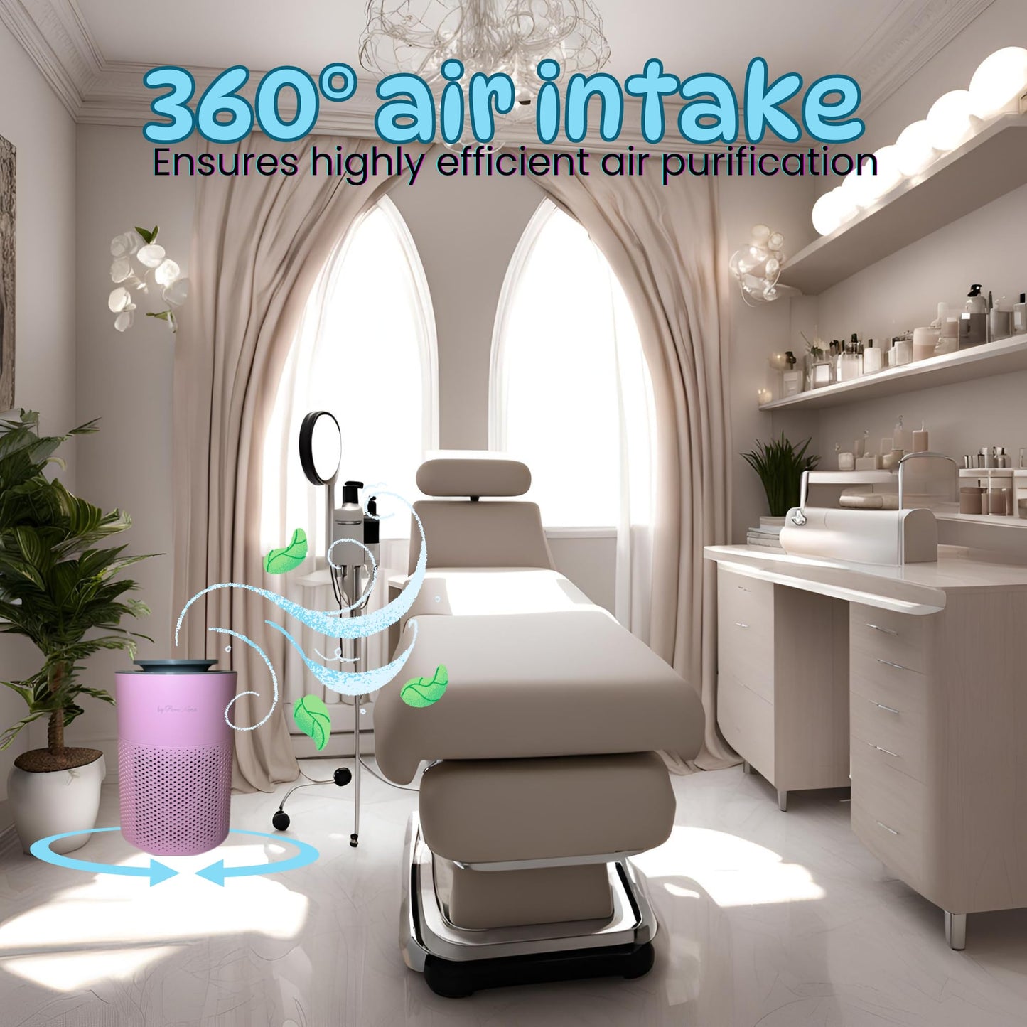 Air Purifier with True HEPA Filter and Cold Plasma Technology, with 360° air inlet, night light, timer, Compact Size, Pink