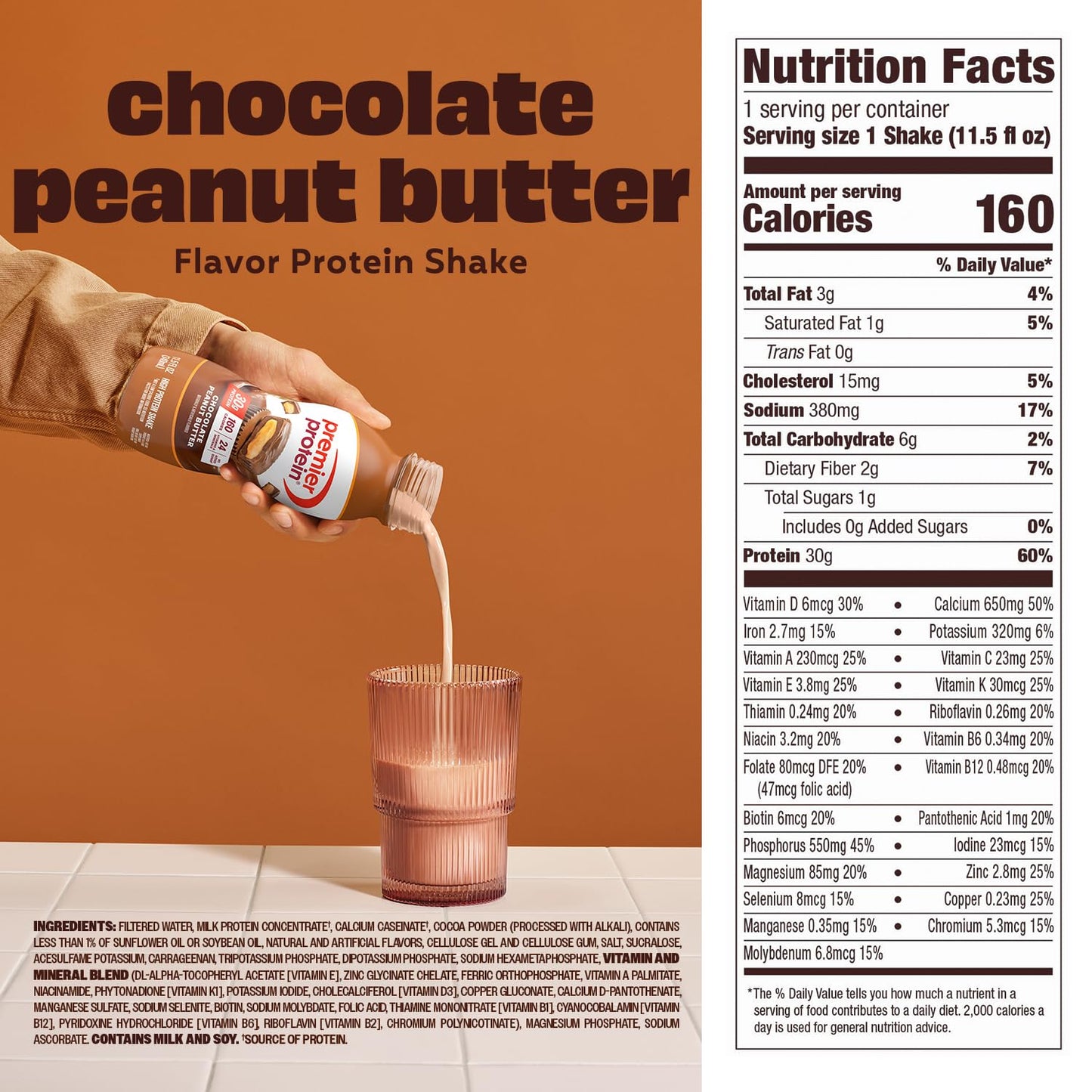 Premier Protein Shake, Chocolate Peanut Butter, 30g Protein, No Added Sugar, 24 Vitamins & Minerals to Support Immune Health, 11.5 fl oz, 12 Pack