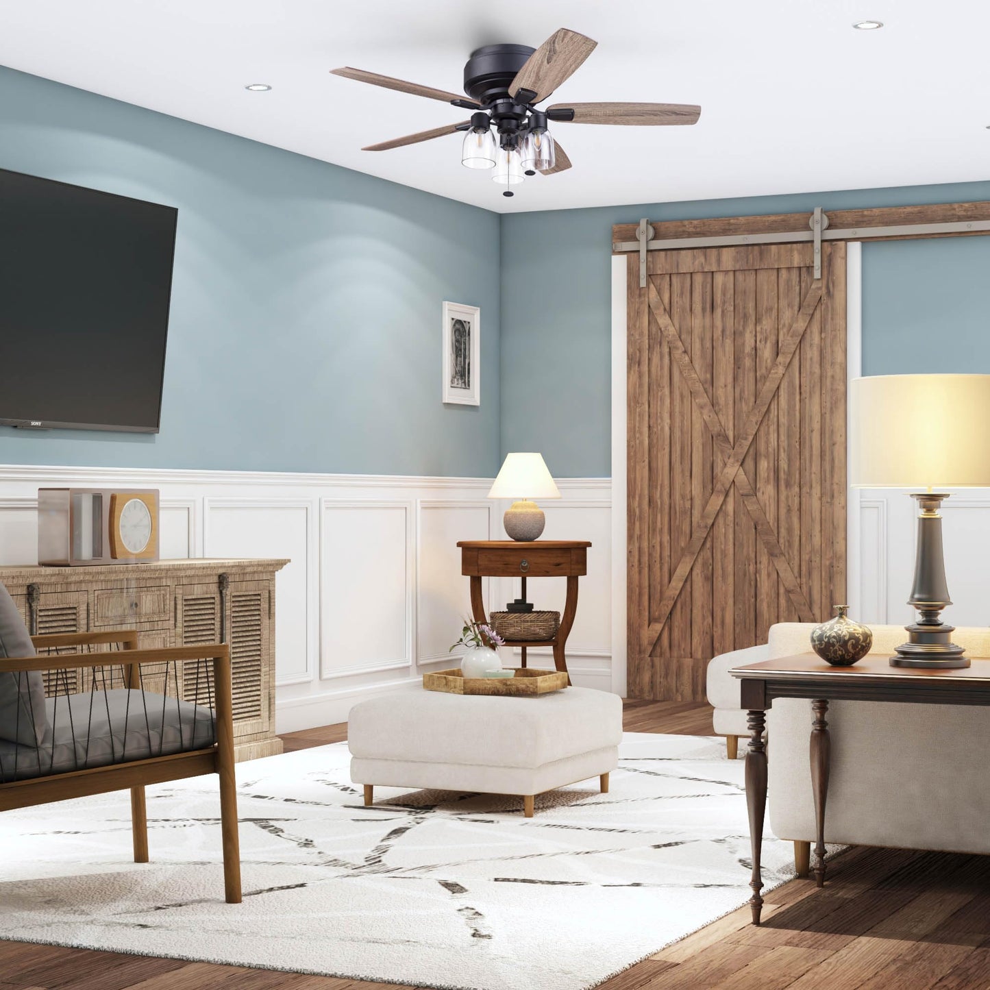 Prominence Home Magonia 52 Inch Flush Mount LED Ceiling Fan with Light, Pull Chain, Reversible Motor, 5 Dual Finish Blades, Matte Black