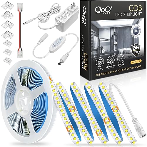 QooWare White COB LED Strip Lights, 16.4ft Dimmable 6500K LED Light Strip Daylight White, 910 LEDs 24V Flexible Led Lights for Bedroom, Kitchen, Under