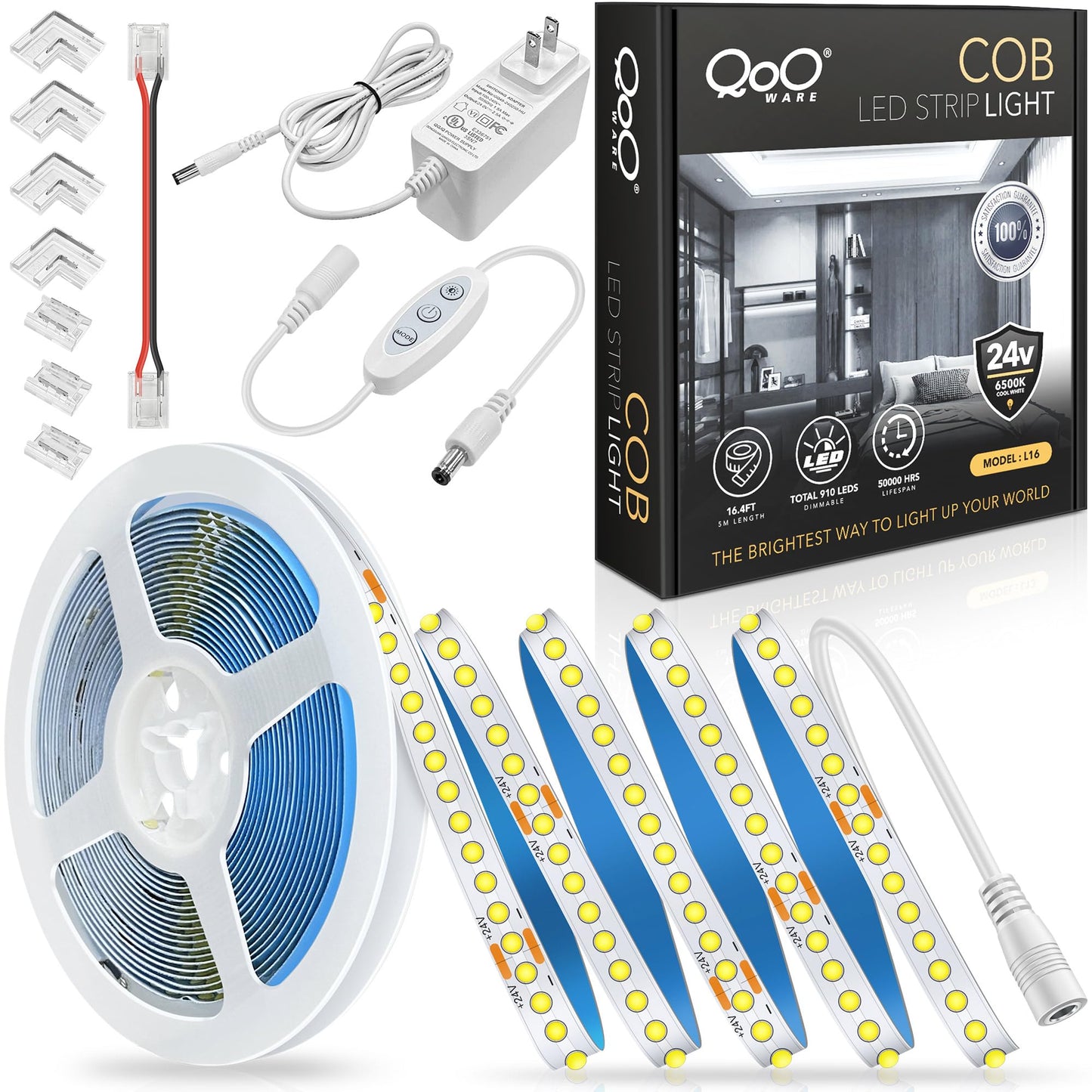 QooWare White COB LED Strip Lights, 16.4ft Dimmable 6500K LED Light Strip Daylight White, 910 LEDs 24V Flexible Led Lights for Bedroom, Kitchen, Under