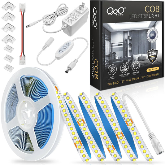 QooWare White COB LED Strip Lights, 16.4ft Dimmable 6500K LED Light Strip Daylight White, 910 LEDs 24V Flexible Led Lights for Bedroom, Kitchen, Under