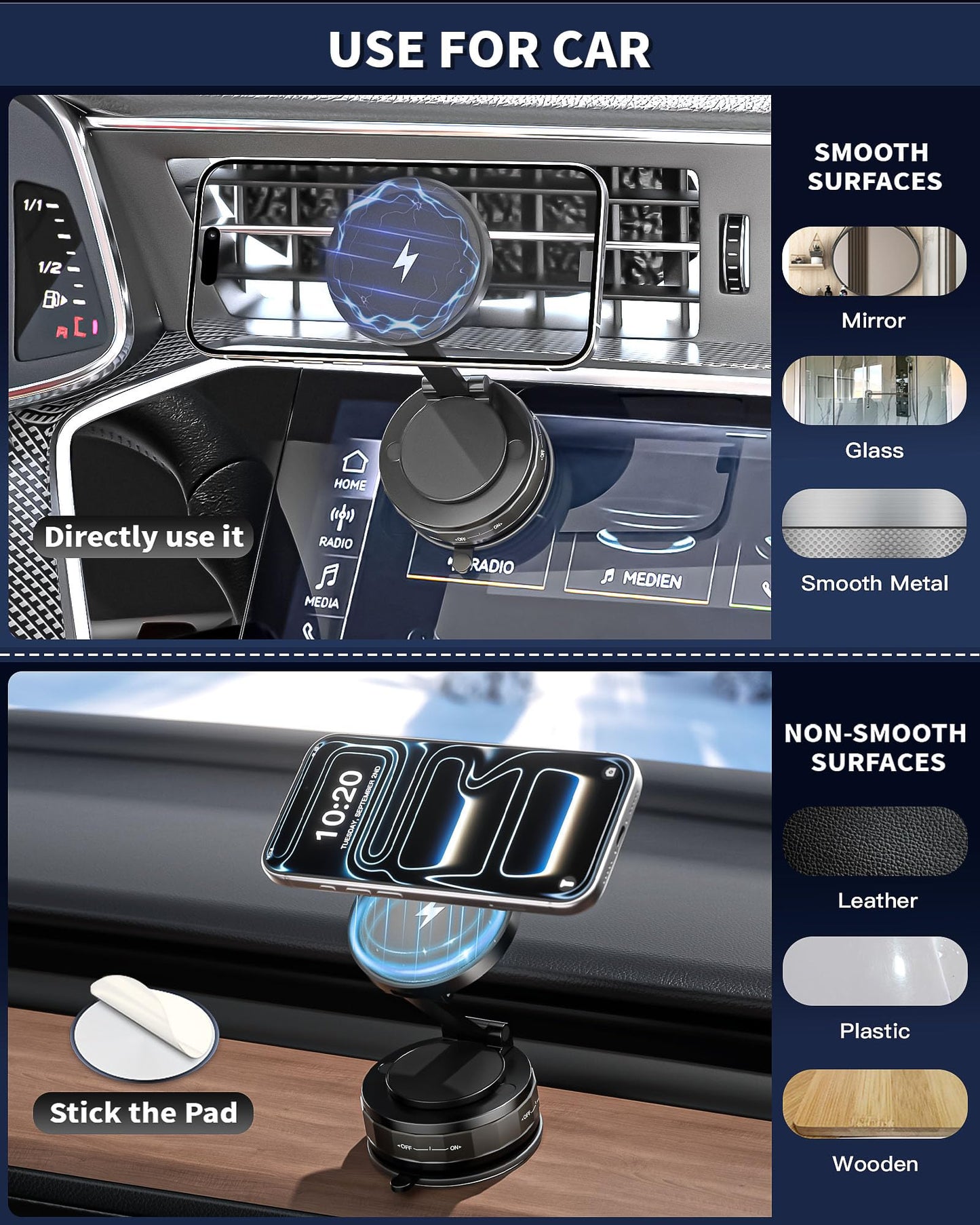 Mag-Safe Car Mount Charger for iPhone, 15W Magnetic Wireless Fast Charging for Car 360° Adjustable Magnetic Phone Holder Compatible with iPhone 17 16