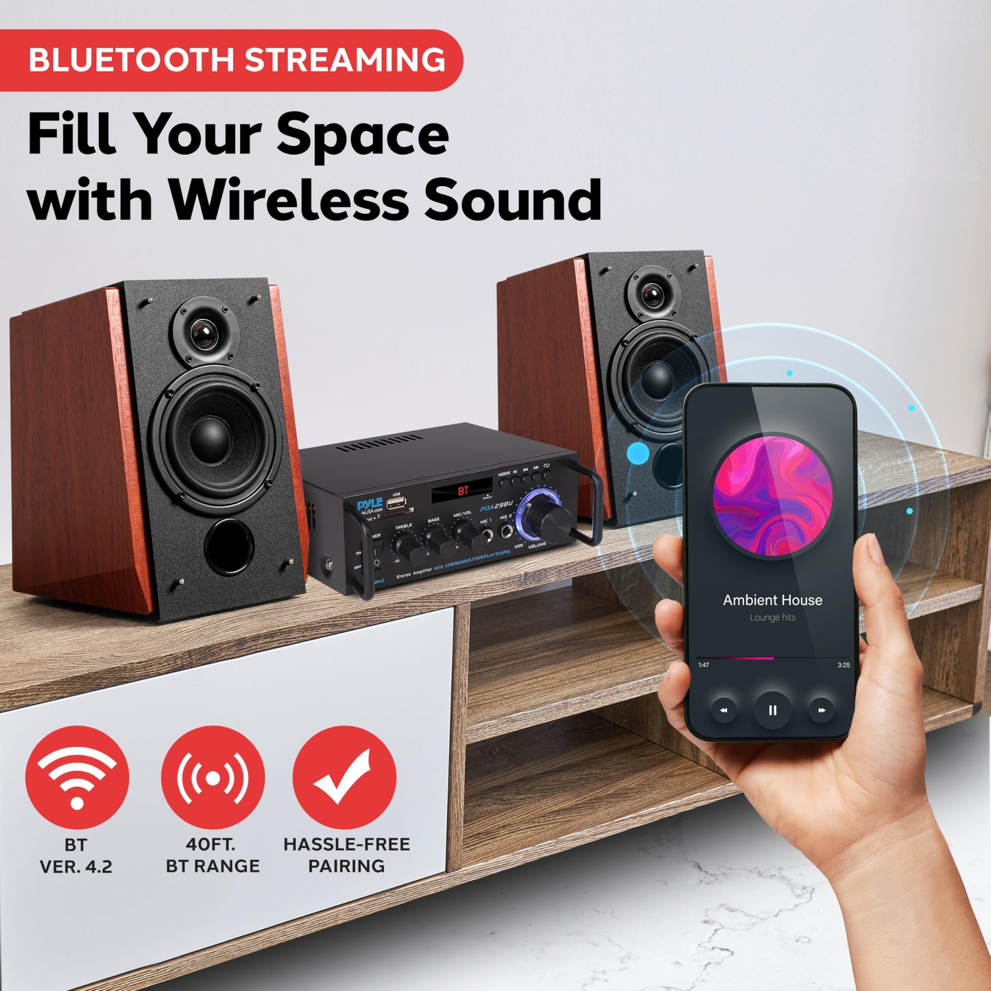 Pyle 200W Wireless Bluetooth Stereo Power Amplifier - 2-Channel Audio Receiver with RCA - USB - SD - MIC IN - FM Radio - Remote Control - AUX Input