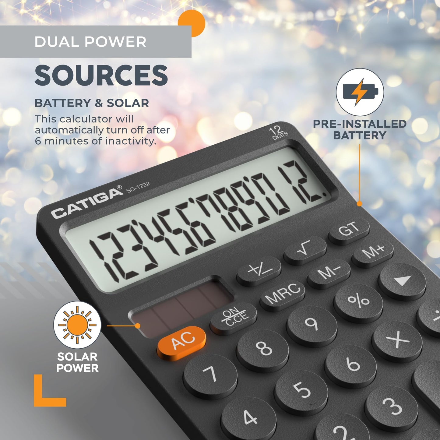 CATIGA 12 Digit Desktop Calculator with Large LCD Display, 4 Funtions Calculator, Round Design Big Button, Solar and Battery Dual Power, Standard