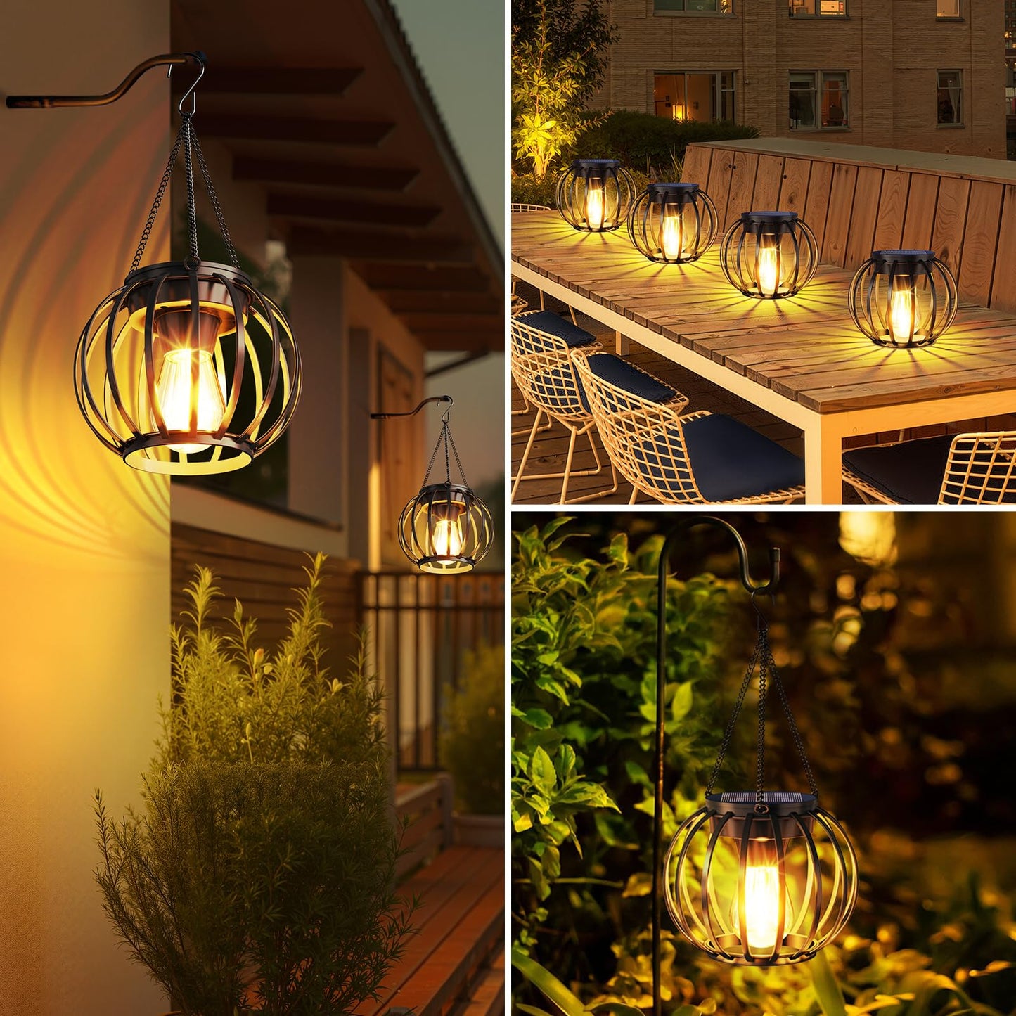 AOUNQ Solar Lanterns Outdoor Waterproof 2 Pack, 14.37" Metal Hanging Solar Lights for Outside with Auto On/Off & Hook - Brighter Hanging Outdoor