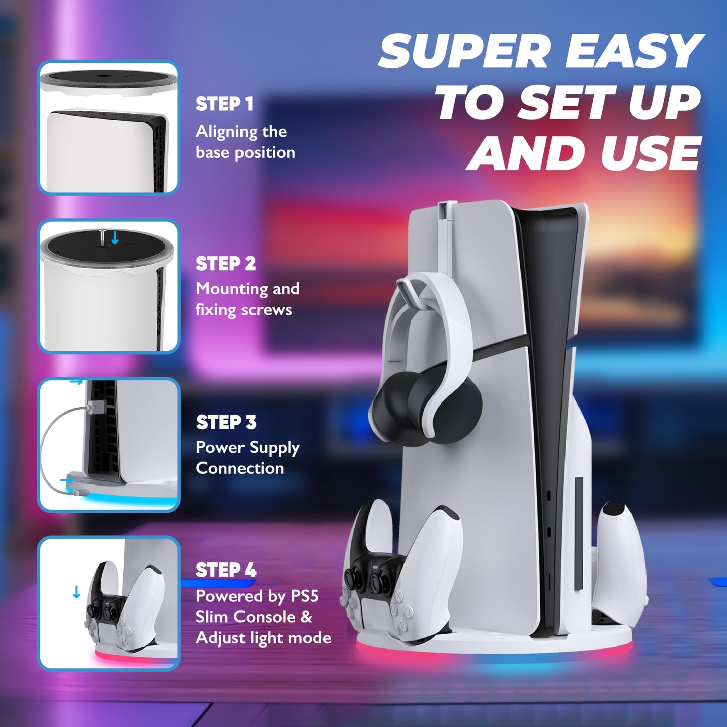Stand with Dual Controller Charger for PS5 Slim - Vertical Console Stand with Headset Hook for PlayStation 5 - Cool RGB Lights - Efficient Charging